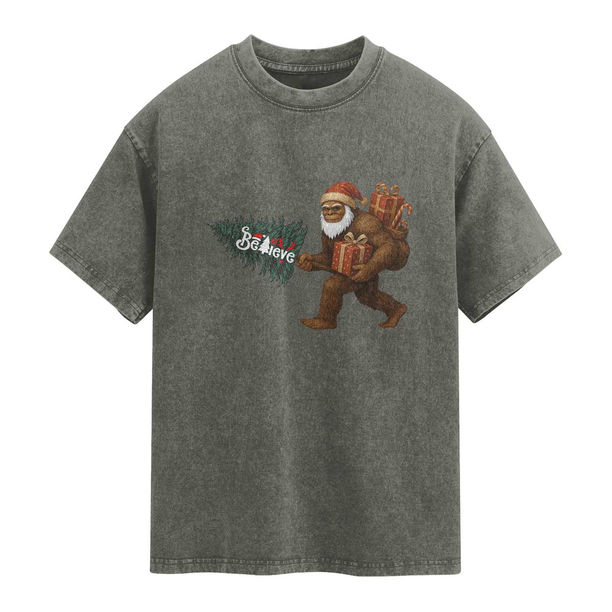 Believe Bigfoot Christmas Washed Cotton T-Shirt Sasquatch Holiday Gift