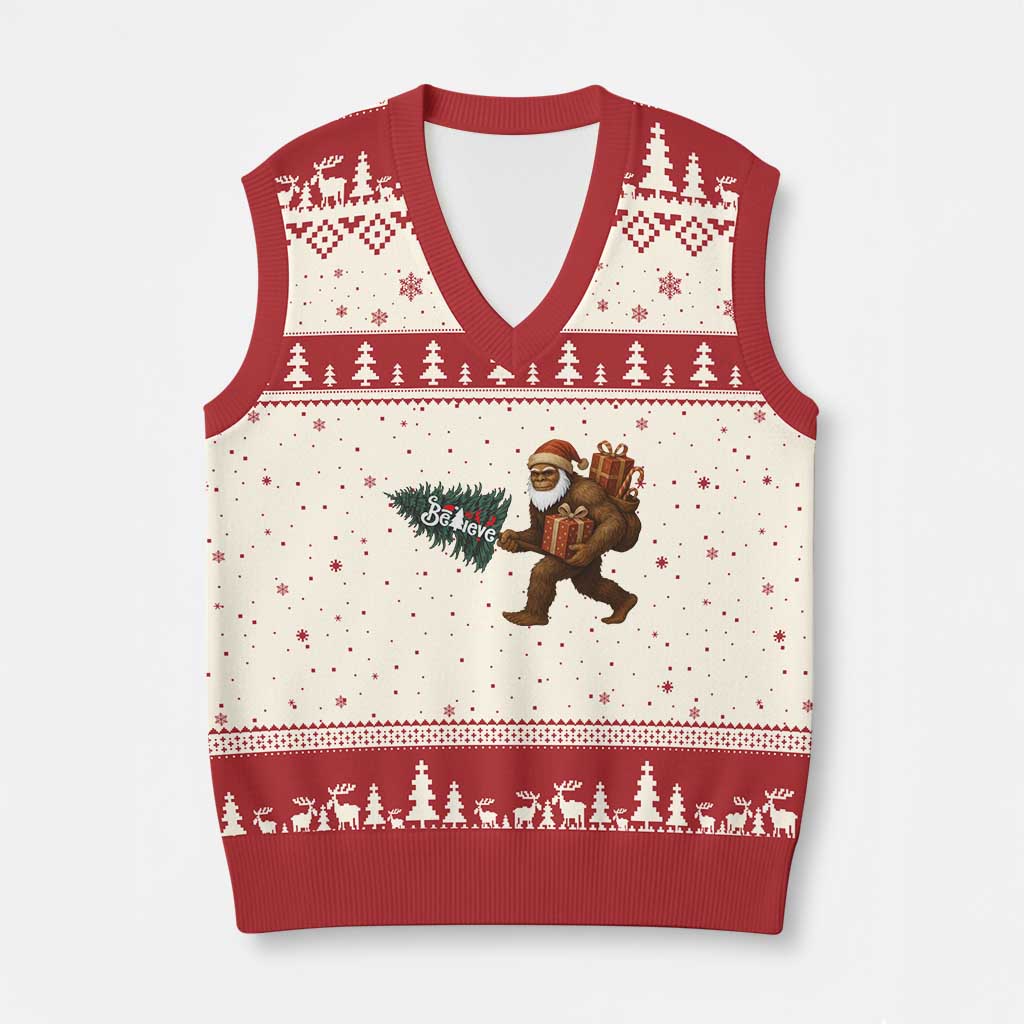 Believe Bigfoot Xmas V-Neck Knit Sweater Vest Sasquatch Holiday Gift TS12 Beige Red Print Your Wear