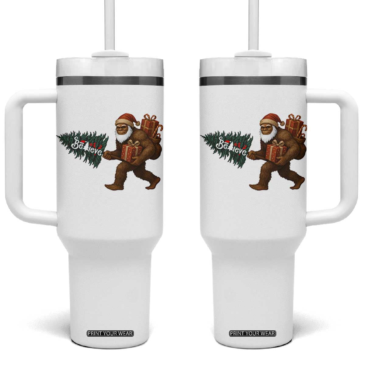 Believe Bigfoot Christmas Tumbler With Handle Sasquatch Holiday Gift TS12 One Size: 40 oz White Print Your Wear