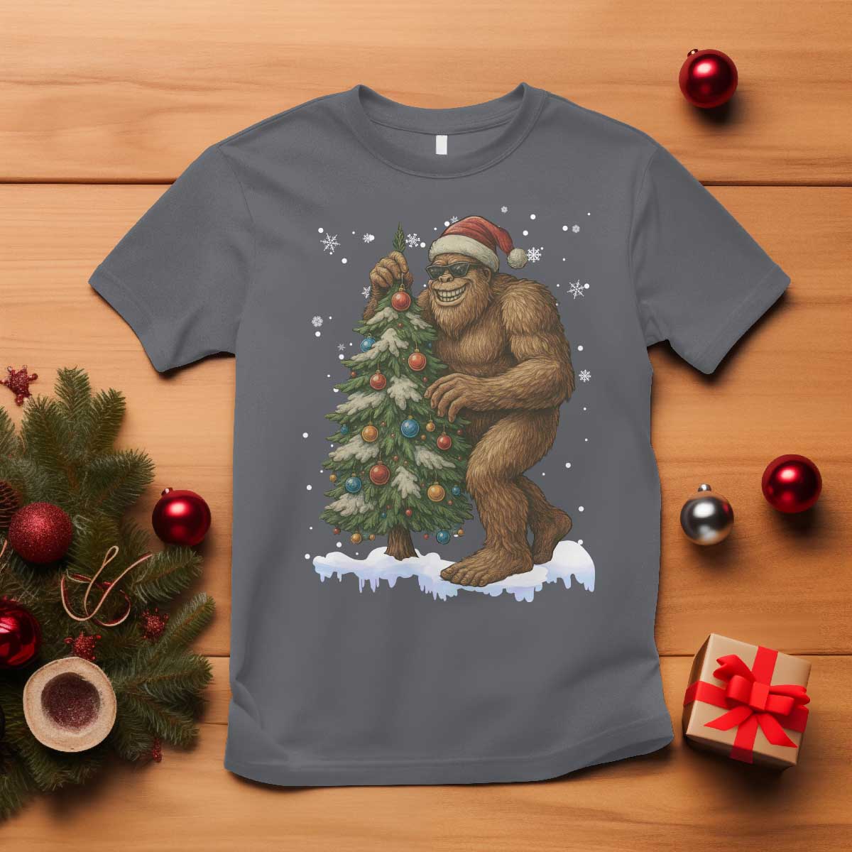 Funny Christmas T Shirt Bigfoot Decorating Xmas Tree Gift TS12 Charcoal Print Your Wear