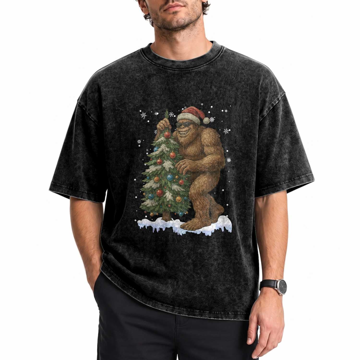 Funny Christmas Washed Cotton T-Shirt Bigfoot Decorating Xmas Tree Gift