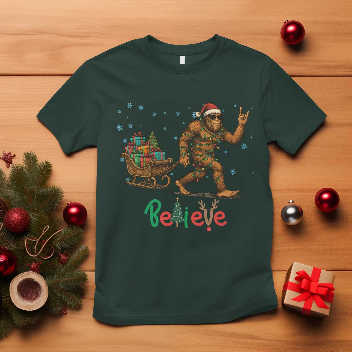 Bigfoot Christmas T Shirt Believe Funny Holiday Gift TS12 Dark Forest Green Print Your Wear