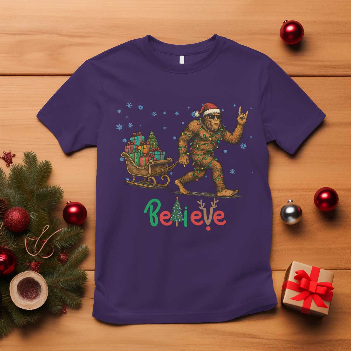 Bigfoot Christmas T Shirt Believe Funny Holiday Gift TS12 Purple Print Your Wear