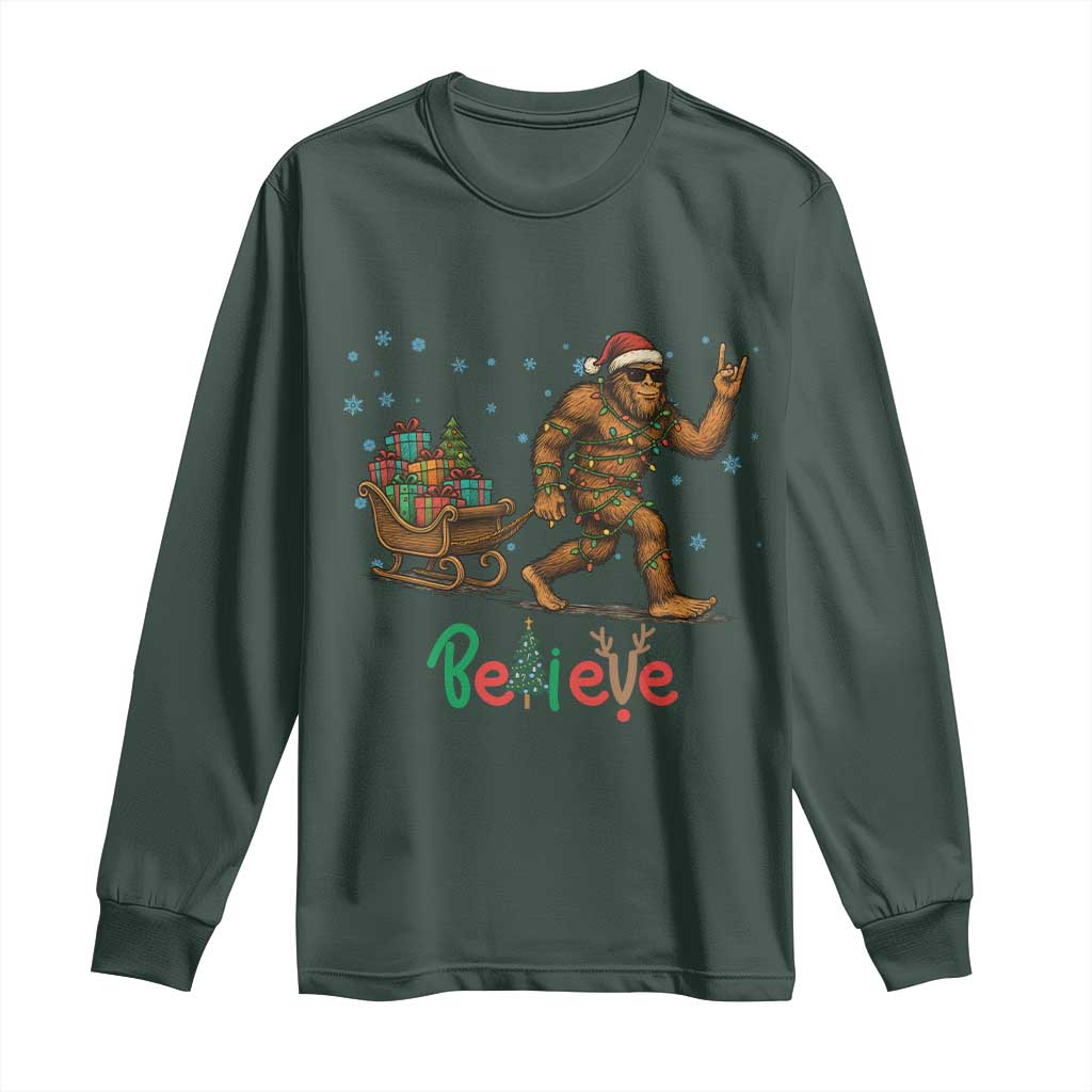 Bigfoot Christmas Long Sleeve Shirt Believe Funny Holiday Gift TS12 Dark Forest Green Print Your Wear