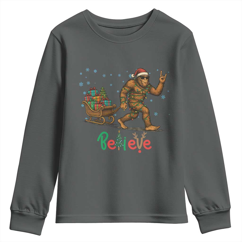 Bigfoot Christmas Youth Sweatshirt Believe Funny Holiday Gift TS12 Dark Heather Print Your Wear