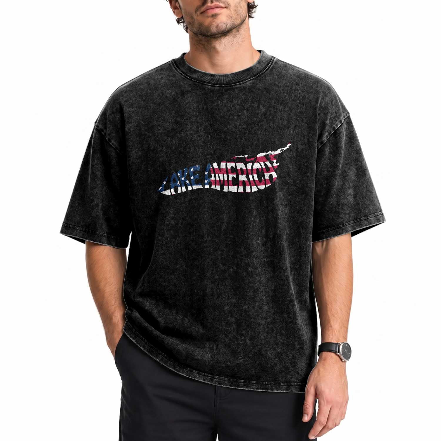Vintage Lake America Washed Cotton T-Shirt Patriotic Great Lakes Gift