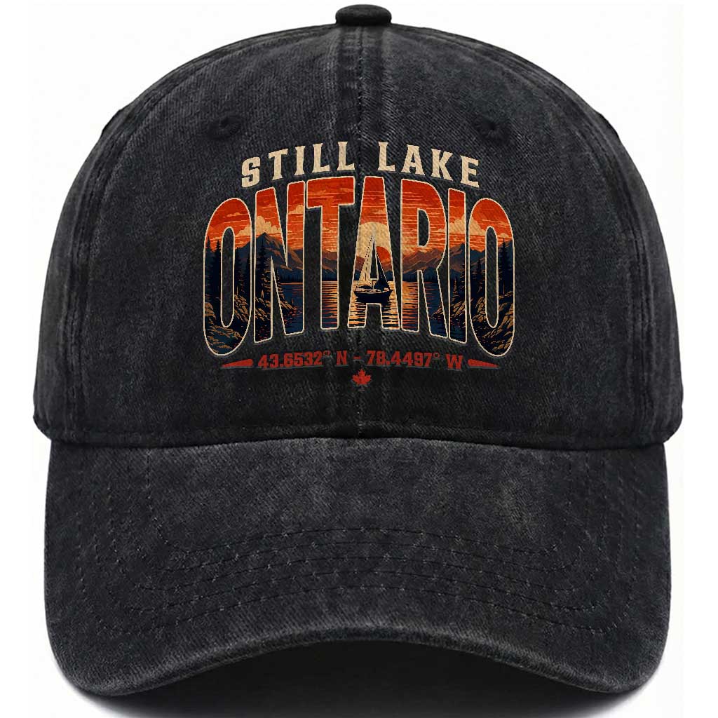 Still Lake Ontario Forever Washed Cotton Baseball Cap Vintage Sunset Retro Outdoors Gift