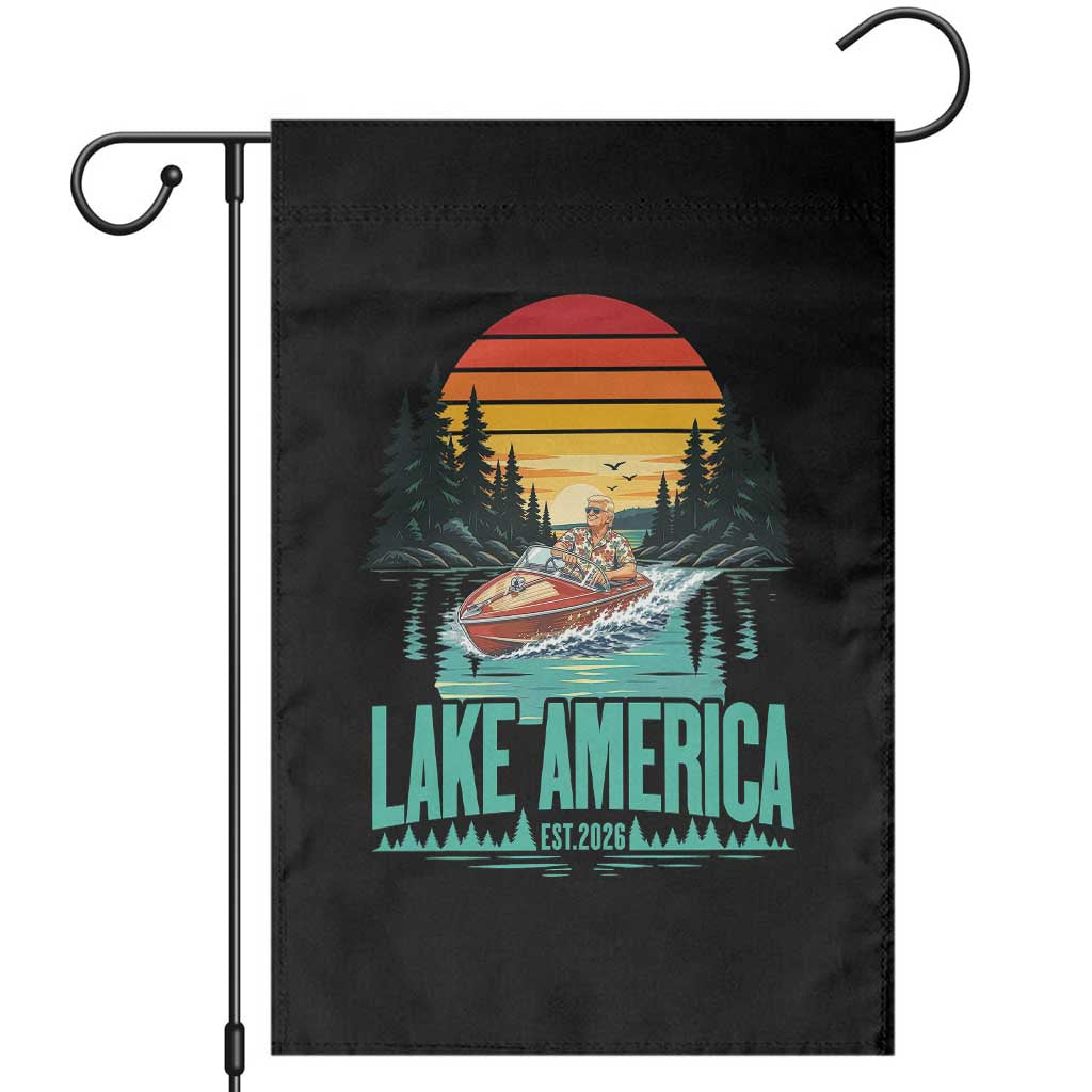 Funny Lake America Est 2026 Meme Garden Flag Vintage Patriotic Speedboat Boating