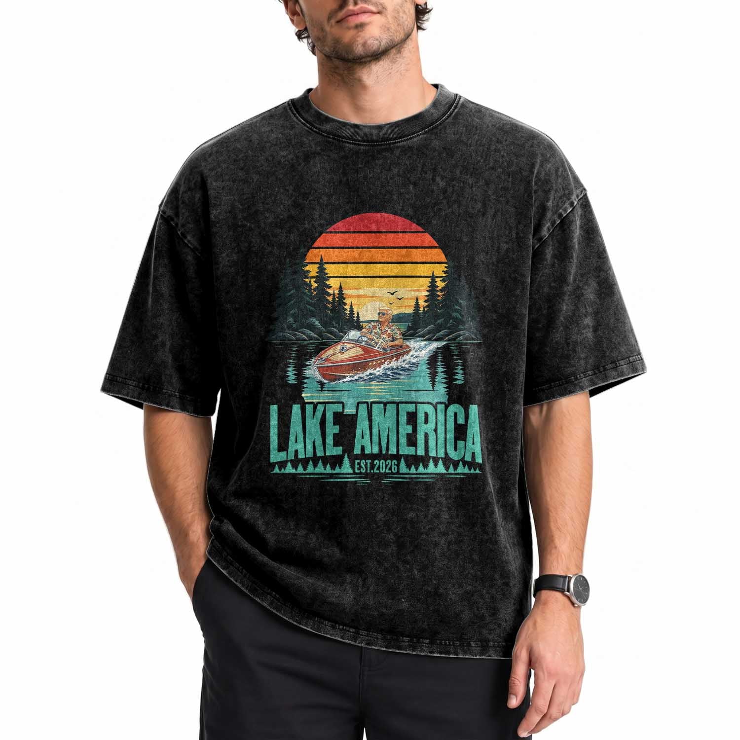 Funny Lake America Est 2026 Meme Washed Cotton T-Shirt Vintage Patriotic Speedboat Boating