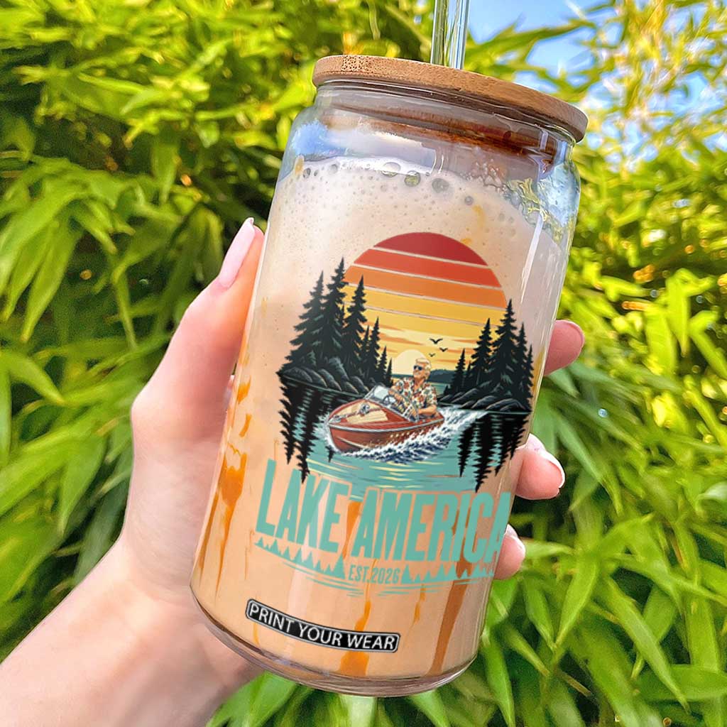 Funny Lake America Est 2026 Meme Glass Can Vintage Patriotic Speedboat Boating