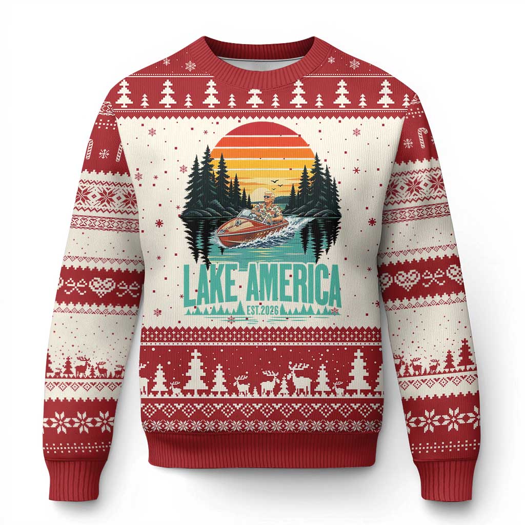 Funny Lake America Est 2026 Meme Ugly Christmas Sweater Vintage Patriotic Speedboat Boating