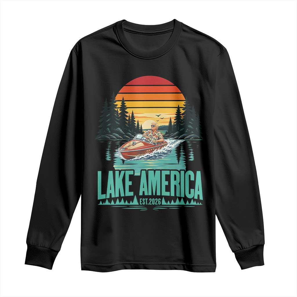 Funny Lake America Est 2026 Meme Long Sleeve Shirt Vintage Patriotic Speedboat Boating