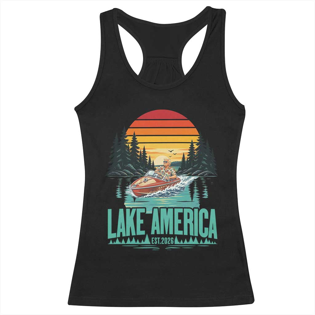 Funny Lake America Est 2026 Meme Racerback Tank Top Vintage Patriotic Speedboat Boating