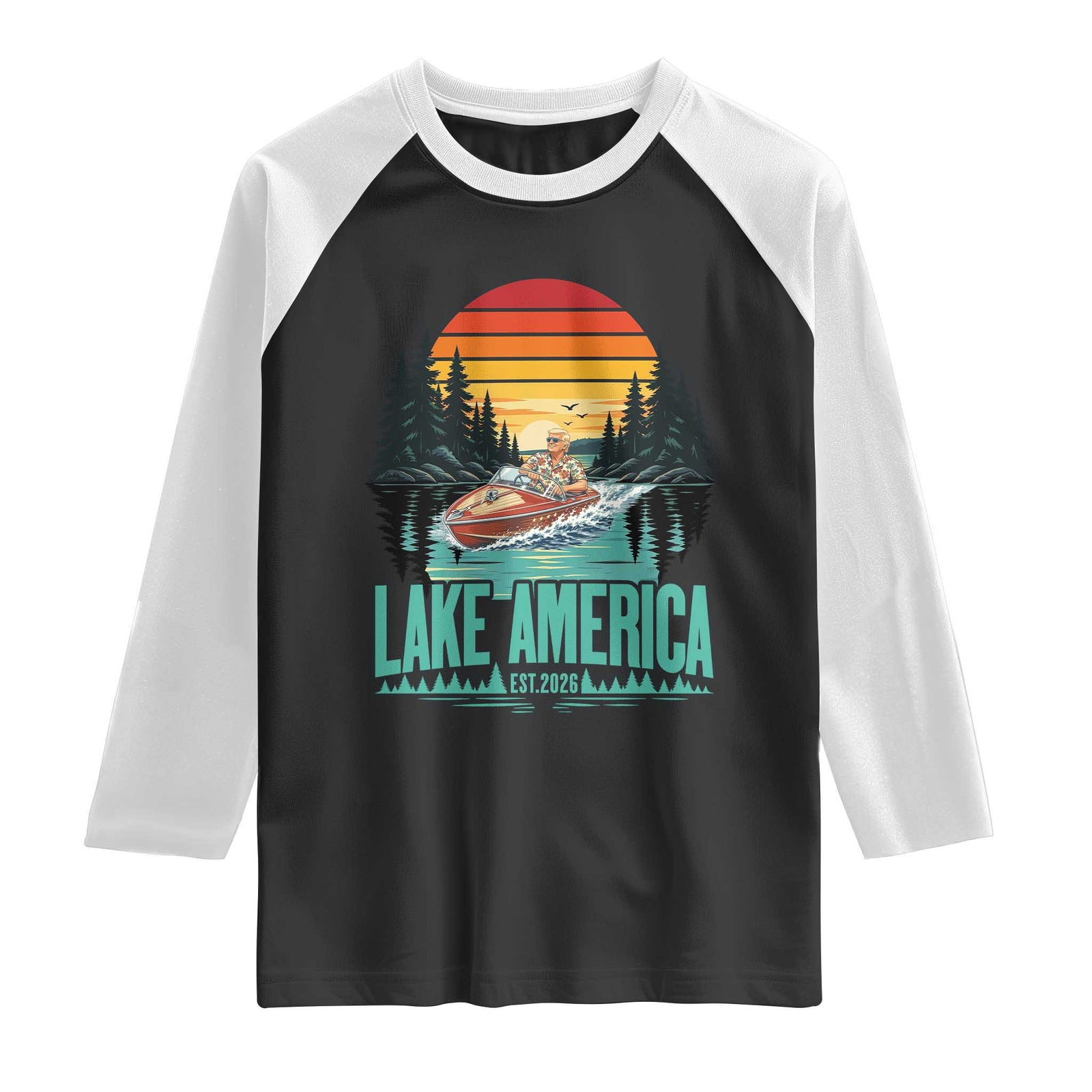 Funny Lake America Est 2026 Meme Raglan Shirt Vintage Patriotic Speedboat Boating
