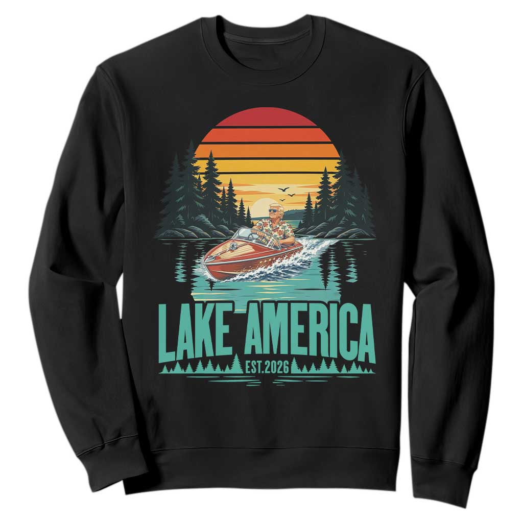 Funny Lake America Est 2026 Meme Sweatshirt Vintage Patriotic Speedboat Boating