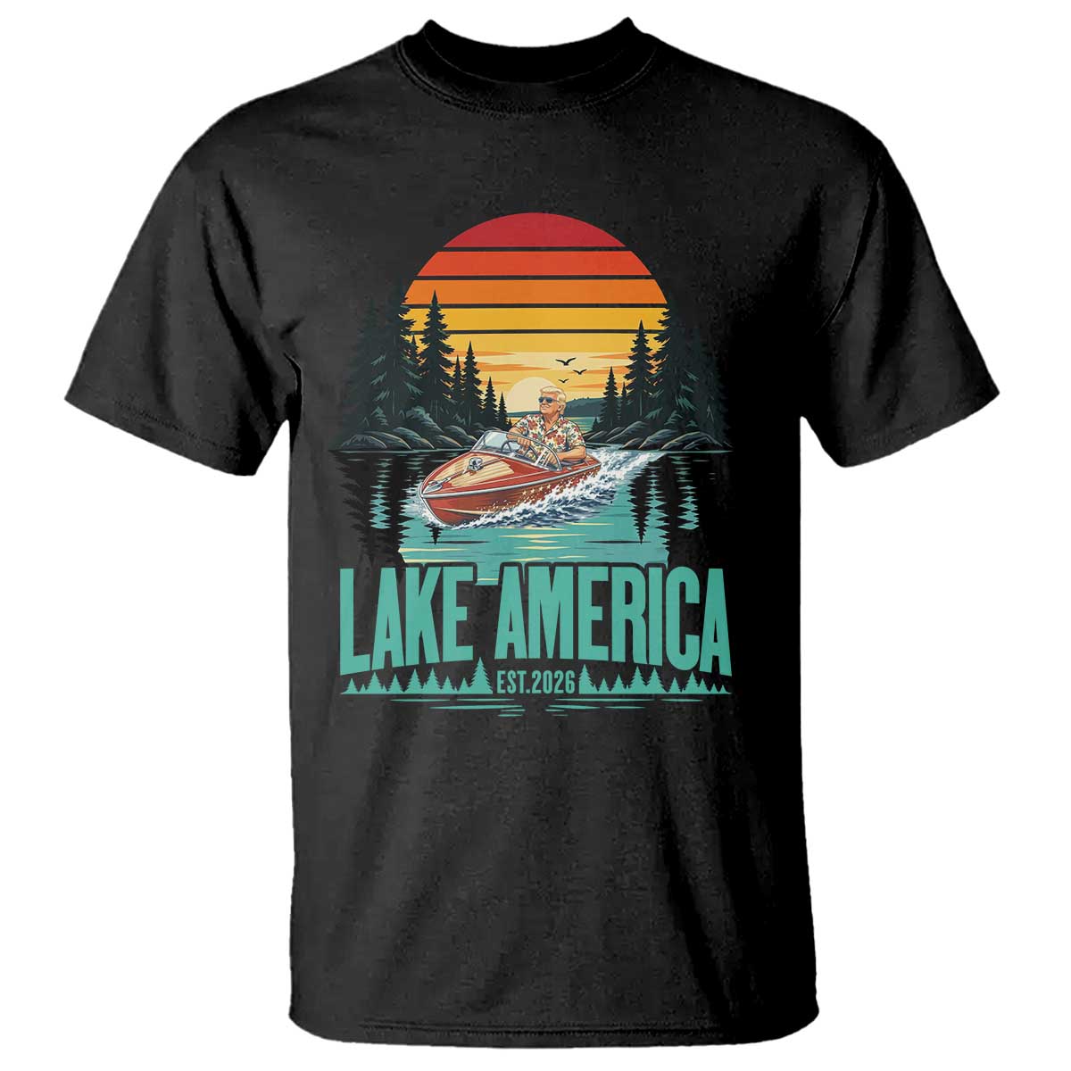 Funny Lake America Est 2026 Meme T Shirt Vintage Patriotic Speedboat Boating