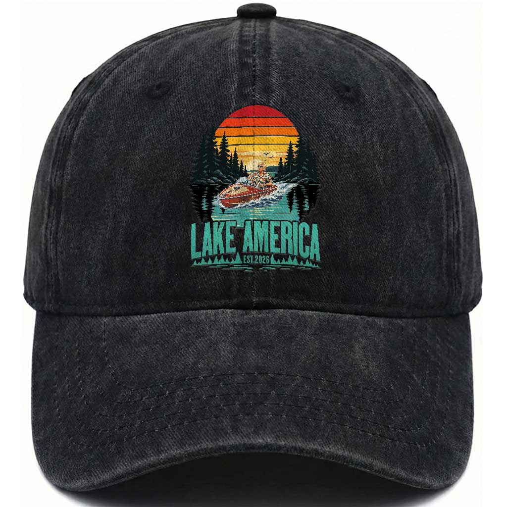 Funny Lake America Est 2026 Meme Washed Cotton Baseball Cap Vintage Patriotic Speedboat Boating