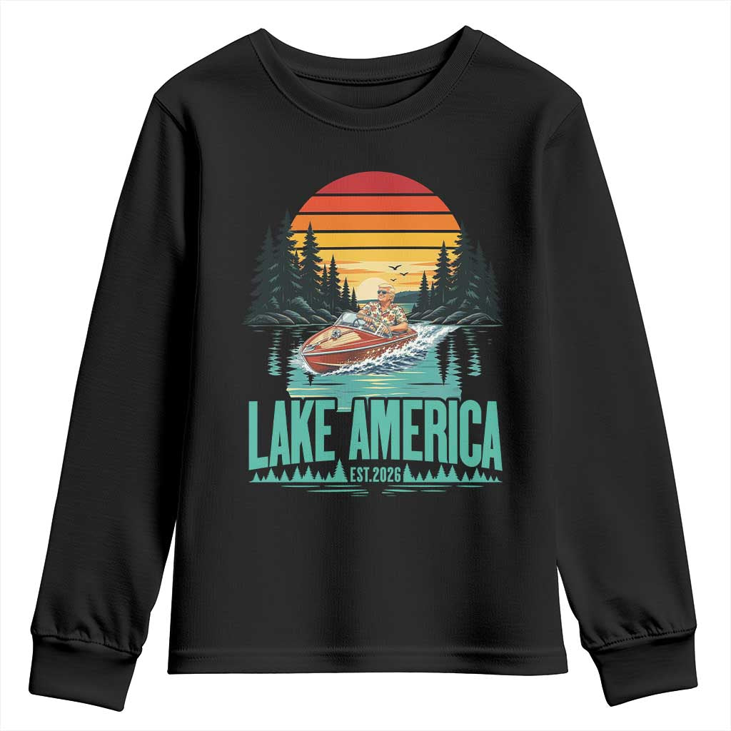Funny Lake America Est 2026 Meme Youth Sweatshirt Vintage Patriotic Speedboat Boating