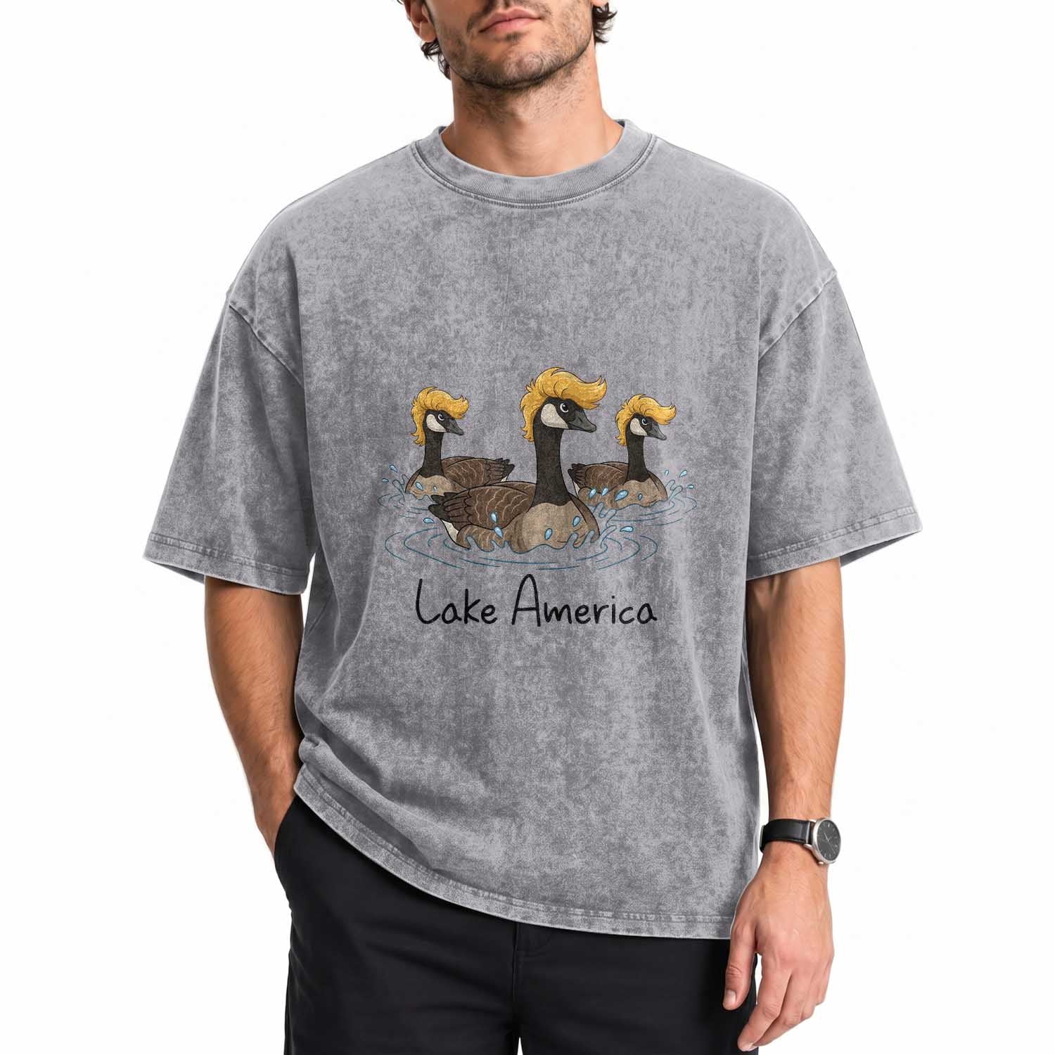 Funny Lake America Geese Parody Washed Cotton T-Shirt Great Lakes Life Gift