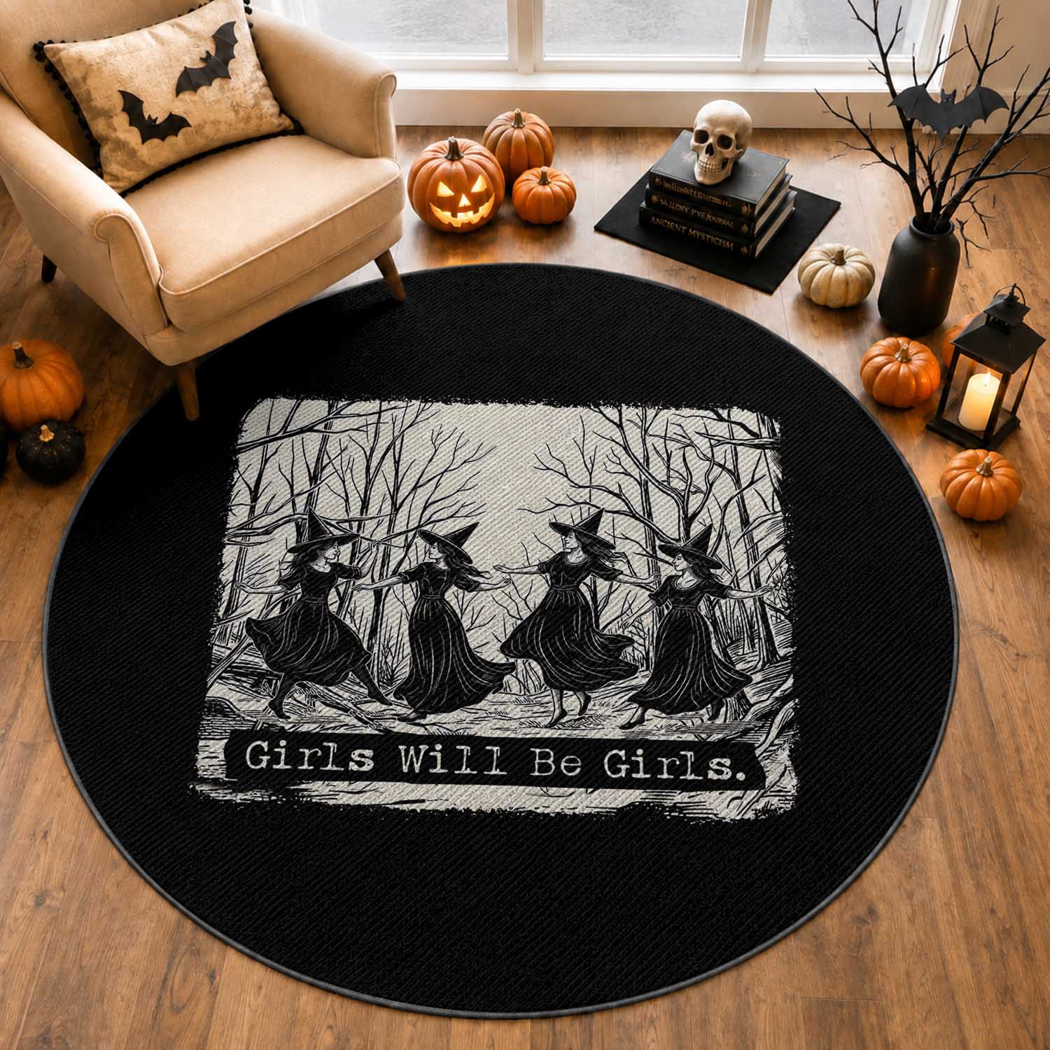 Girl Will Be Girls Round Rug Witchy Spooky Season Halloween Party