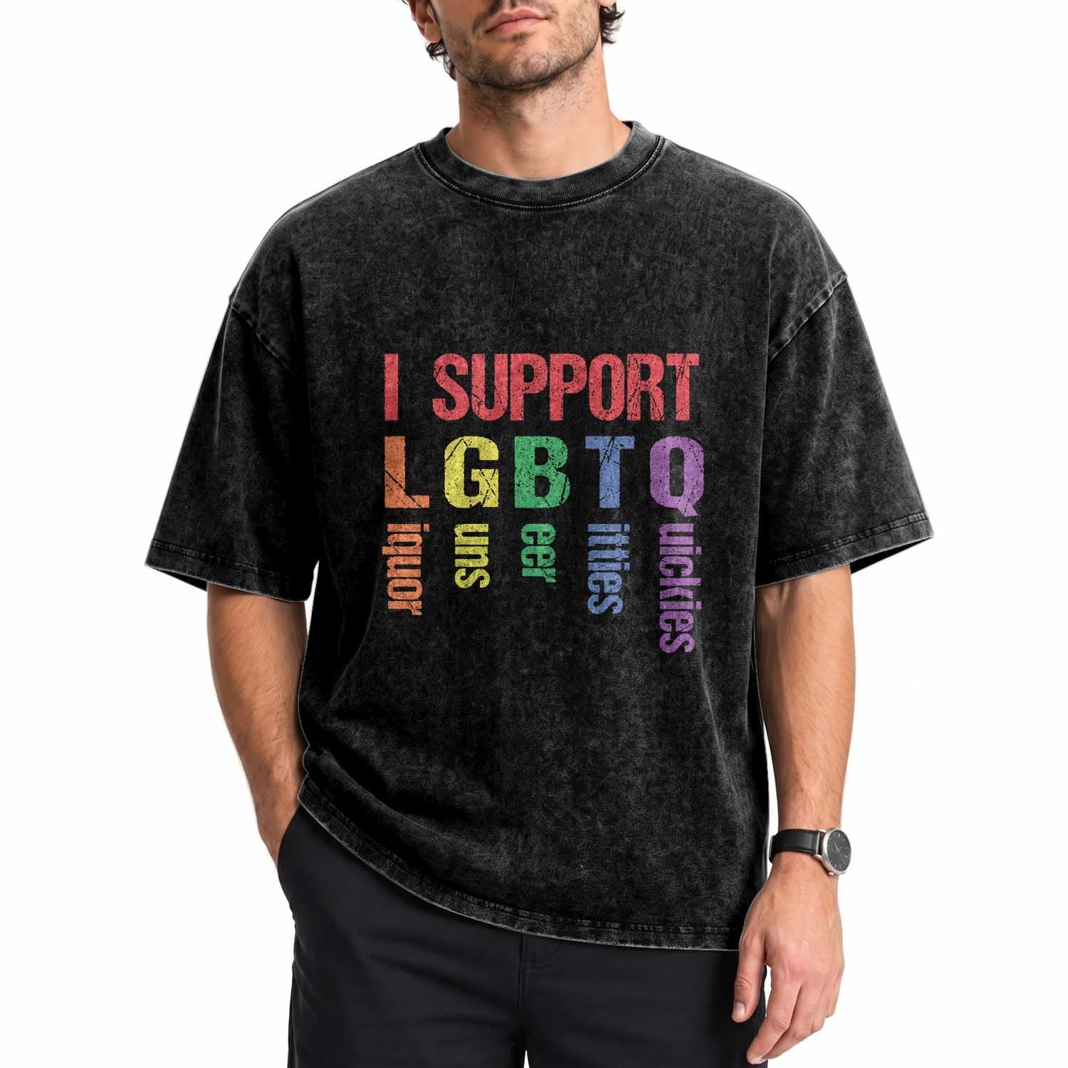 Retro I Support LGBTQ Washed Cotton T-Shirt Funny Liquor Guns Bacon Titties