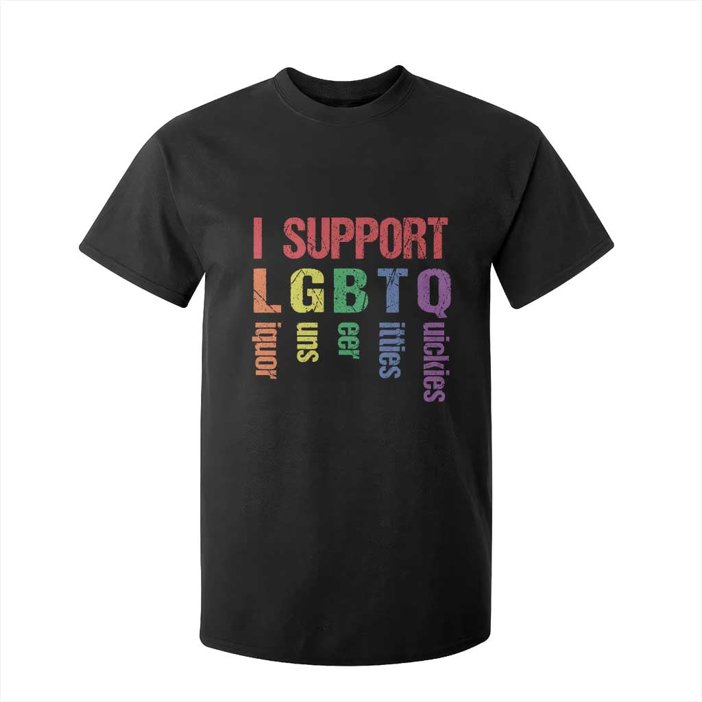 Retro I Support LGBTQ T Shirt For Kid Funny Liquor Guns Bacon Titties
