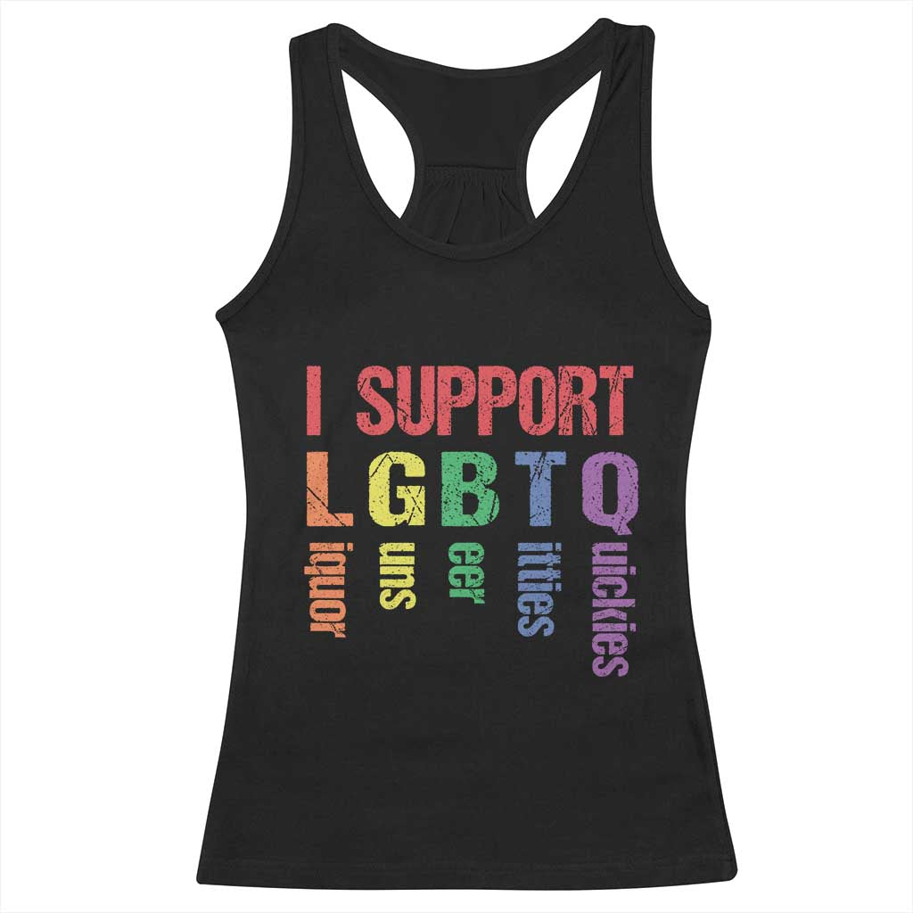 Retro I Support LGBTQ Racerback Tank Top Funny Liquor Guns Bacon Titties