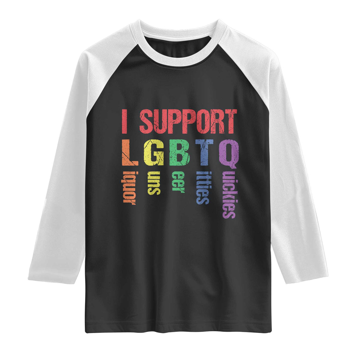 Retro I Support LGBTQ Raglan Shirt Funny Liquor Guns Bacon Titties