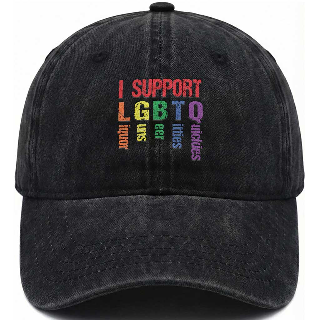 Retro I Support LGBTQ Washed Cotton Baseball Cap Funny Liquor Guns Bacon Titties