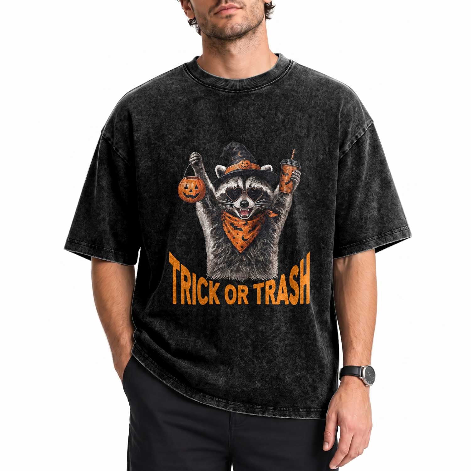 Funny Halloween Witch Raccoon Washed Cotton T-Shirt Trick Or Trash