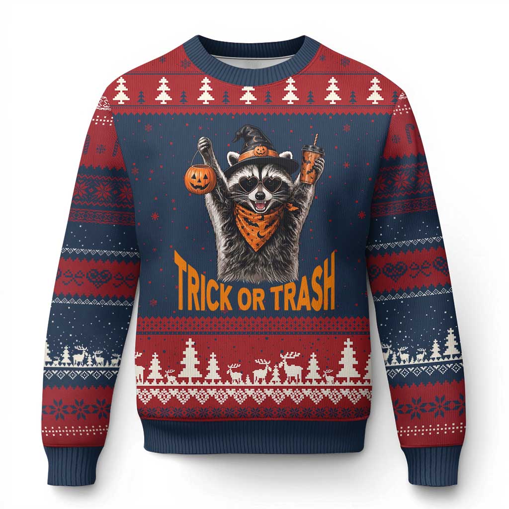 Funny Halloween Witch Raccoon Ugly Christmas Sweater Trick Or Trash