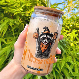Funny Halloween Witch Raccoon Glass Can Trick Or Trash