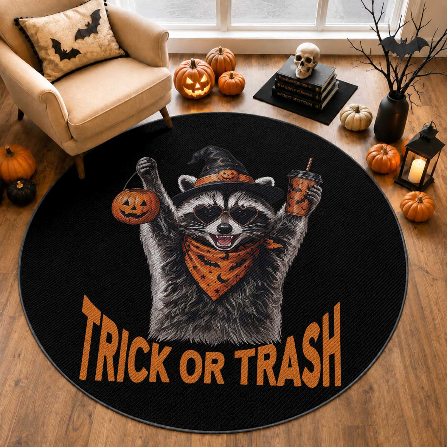 Funny Halloween Witch Raccoon Round Rug Trick Or Trash