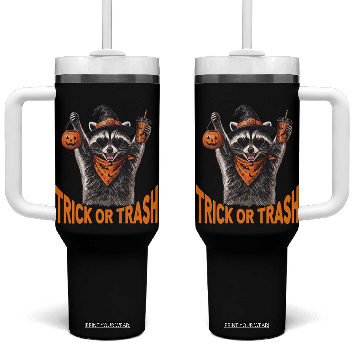 Funny Halloween Witch Raccoon Tumbler With Handle Trick Or Trash