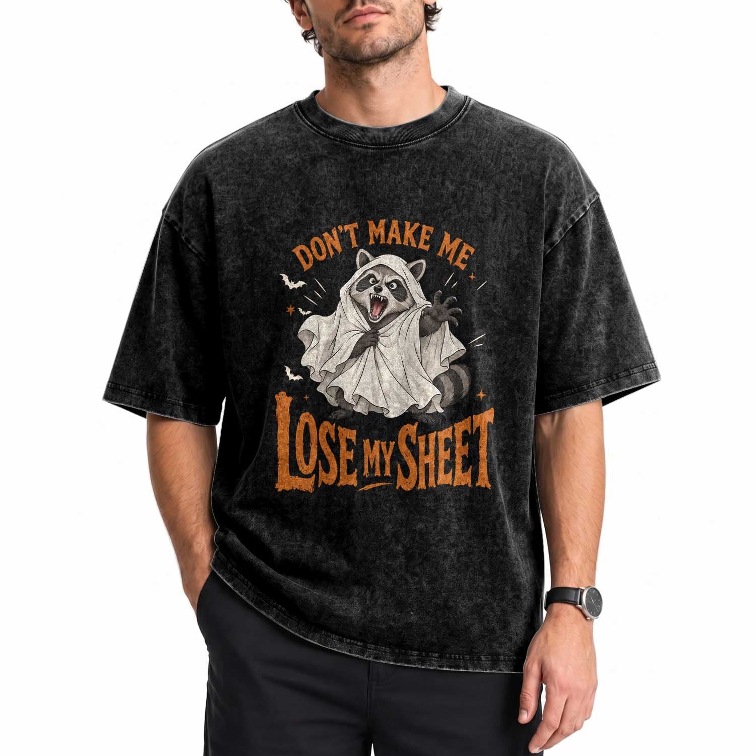 Funny Halloween Ghost Raccoon Washed Cotton T-Shirt Do Not Make Me Lose My Sheet