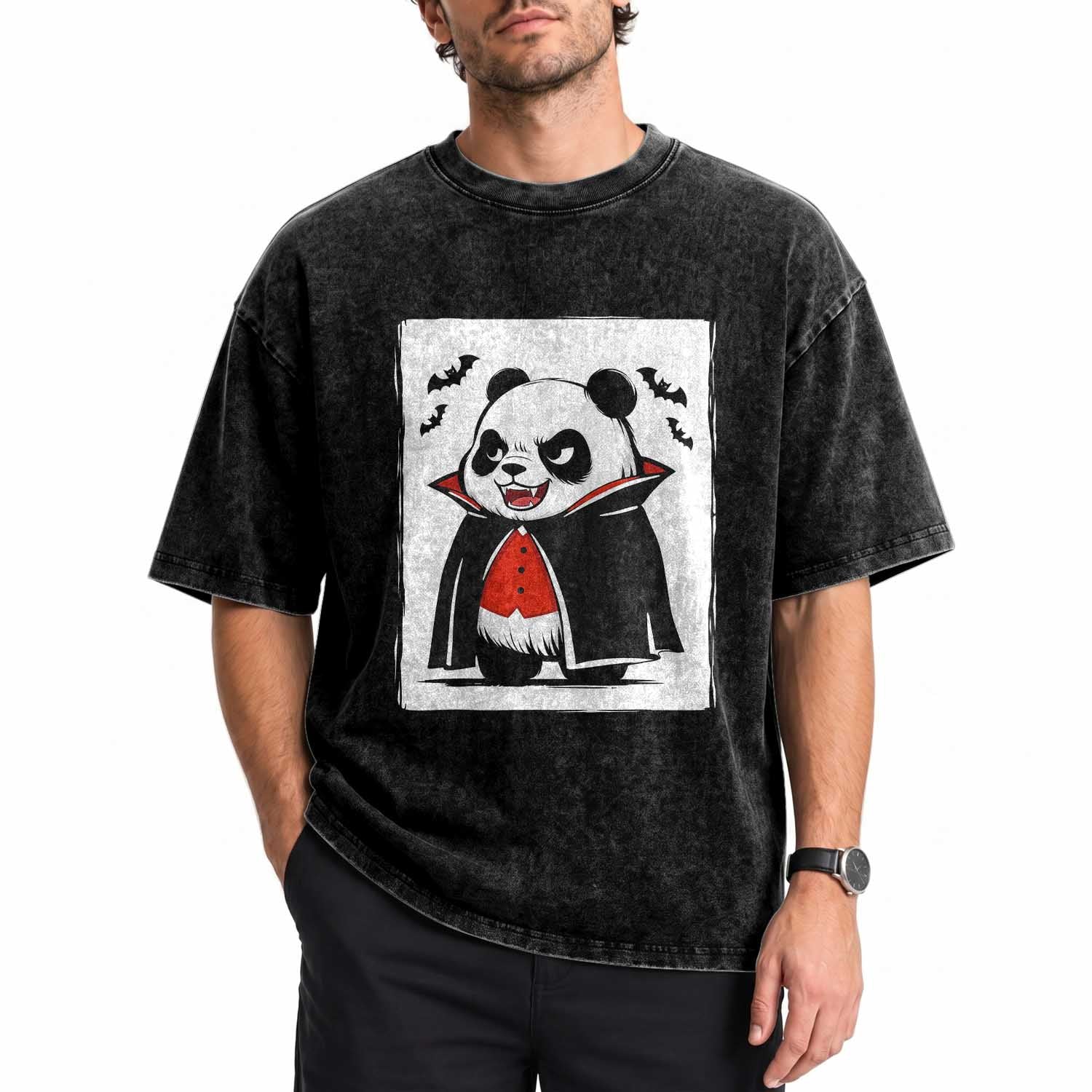 Funny Vampire Panda Count Dracula Halloween Washed Cotton T-Shirt Grumpy Bear Japanese Ink Painting