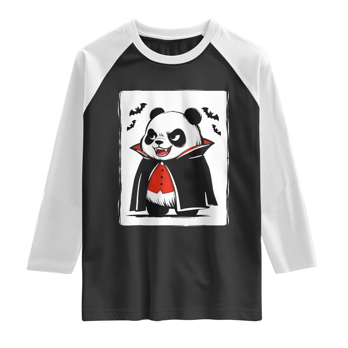 Funny Vampire Panda Count Dracula Halloween Raglan Shirt Grumpy Bear Japanese Ink Painting