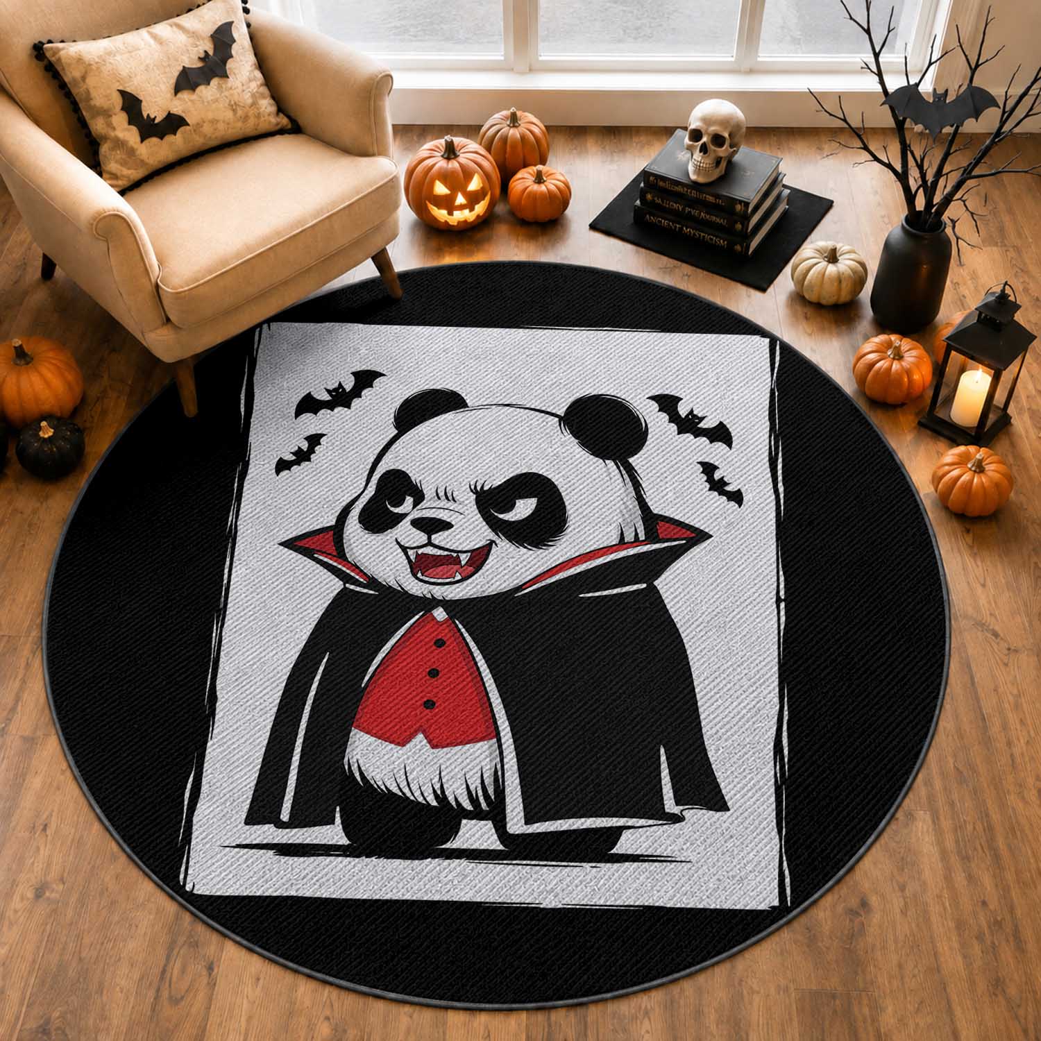 Funny Vampire Panda Count Dracula Halloween Round Rug Grumpy Bear Japanese Ink Painting