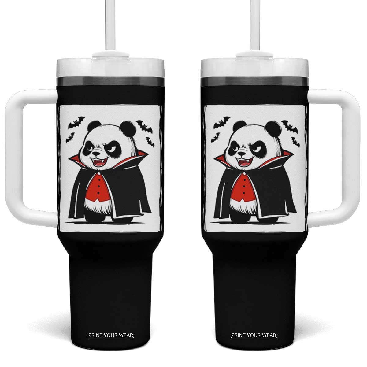 Funny Vampire Panda Count Dracula Halloween Tumbler With Handle Grumpy Bear Japanese Ink Painting