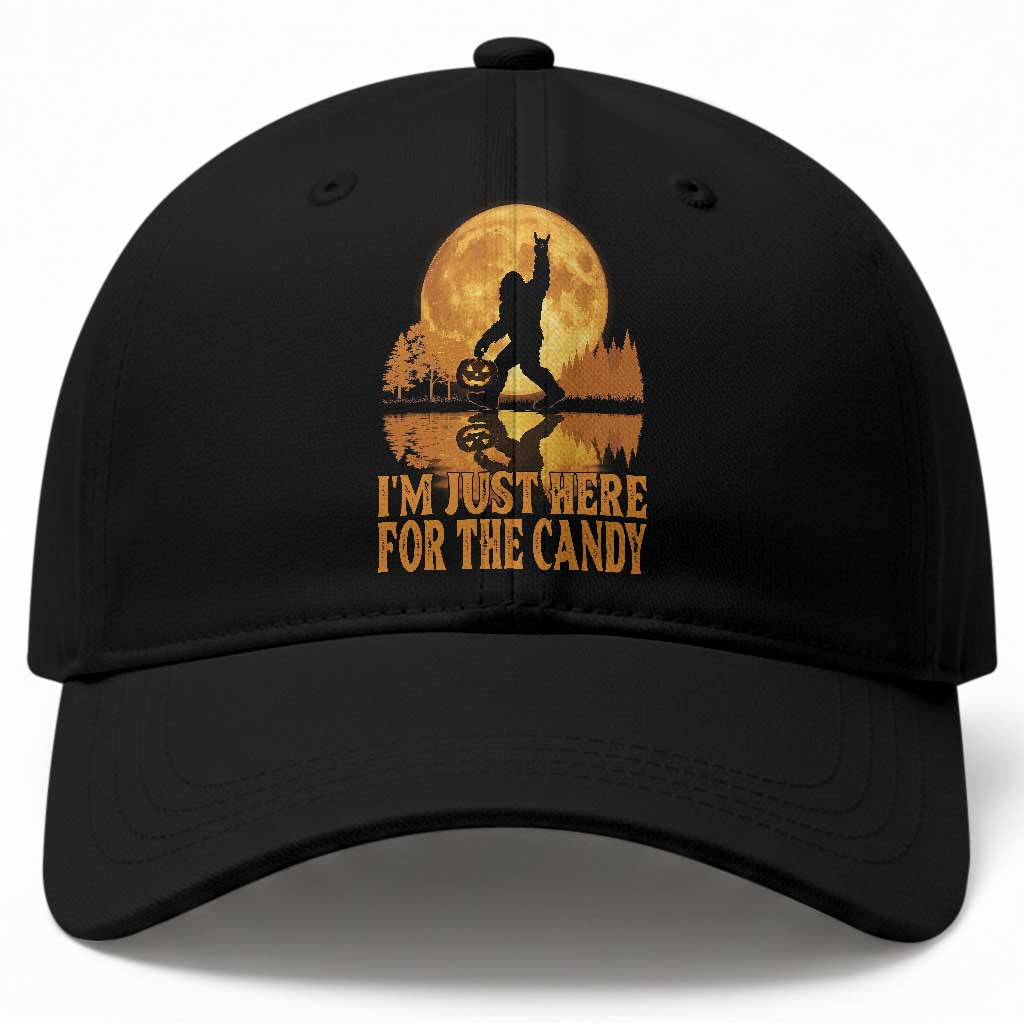 Spooky Bigfoot Halloween Baseball Cap Im Just Here For The Candy Funny Cryptid Gift