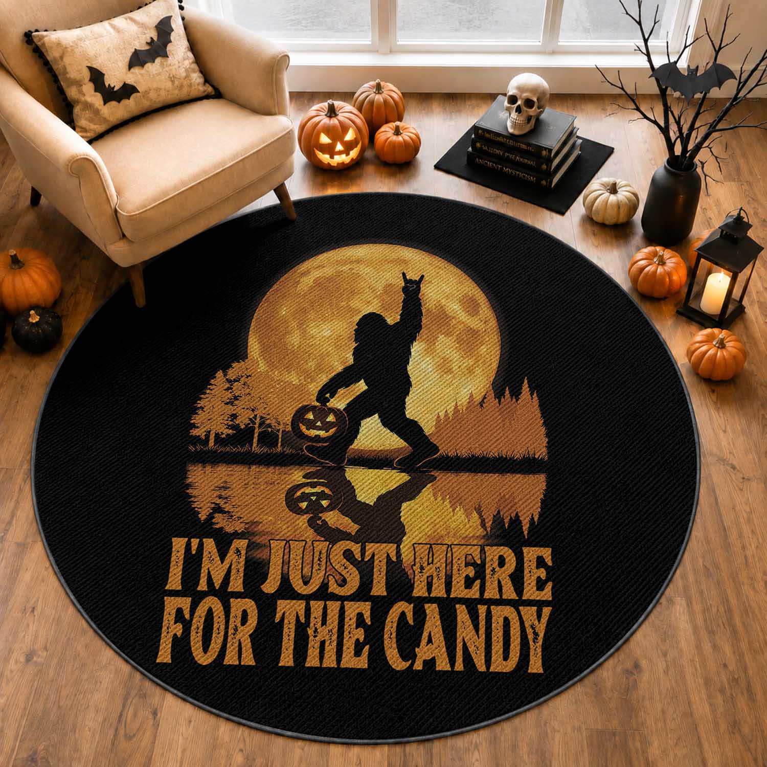 Spooky Bigfoot Halloween Round Rug Im Just Here For The Candy Funny Cryptid Gift