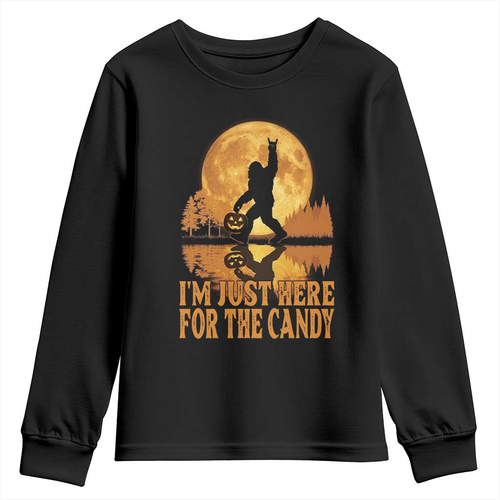 Spooky Bigfoot Halloween Youth Sweatshirt Im Just Here For The Candy Funny Cryptid Gift