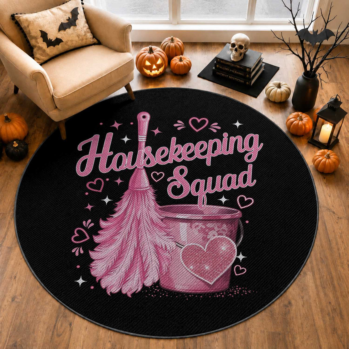 Funny Housekeeping Squad Pink Feather Duster Round Rug Maid Appreciation Cleaning Lover
