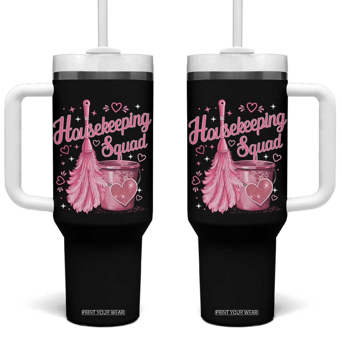 Funny Housekeeping Squad Pink Feather Duster Tumbler With Handle Maid Appreciation Cleaning Lover