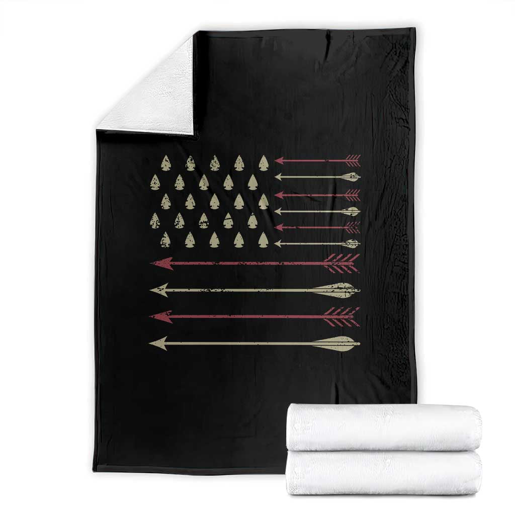 Vintage American Flag Bowhunter Throw Blanket Native Heritage Arrowhead Hunting