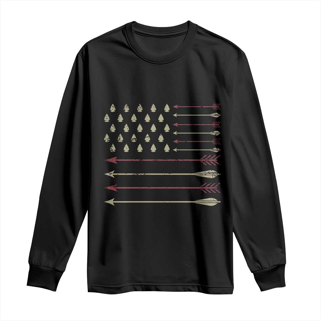 Vintage American Flag Bowhunter Long Sleeve Shirt Native Heritage Arrowhead Hunting