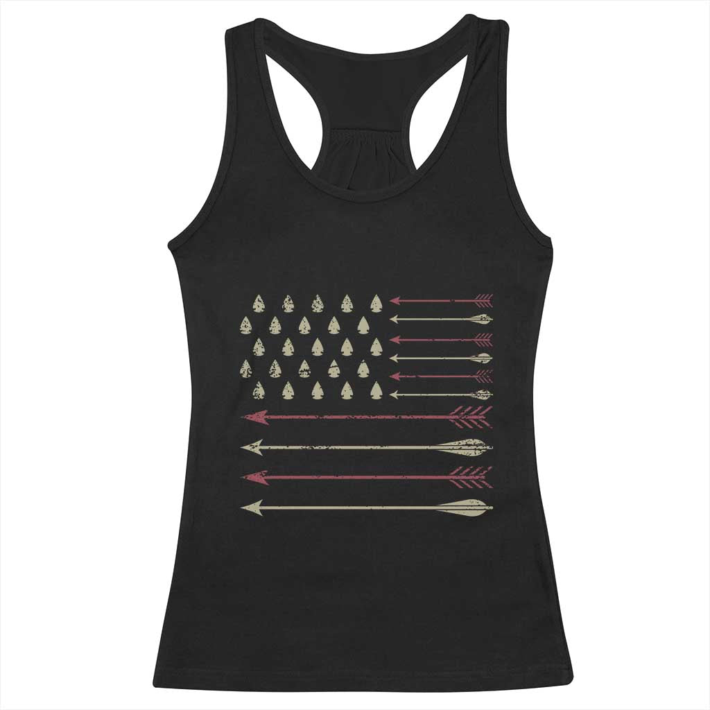 Vintage American Flag Bowhunter Racerback Tank Top Native Heritage Arrowhead Hunting