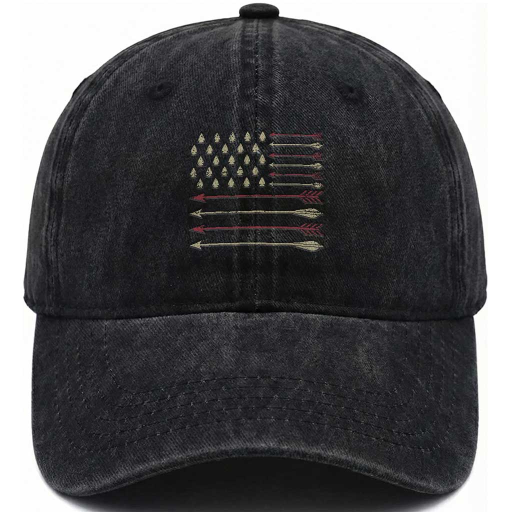 Vintage American Flag Bowhunter Washed Cotton Baseball Cap Native Heritage Arrowhead Hunting