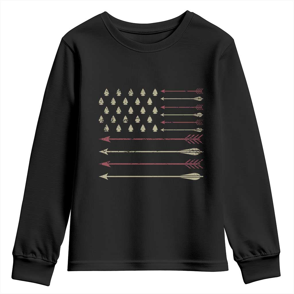 Vintage American Flag Bowhunter Youth Sweatshirt Native Heritage Arrowhead Hunting