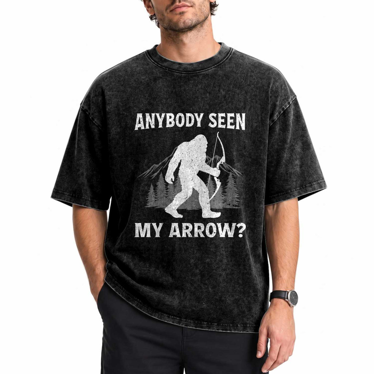 Funny Bigfoot Bowhunter Washed Cotton T-Shirt Anybody Seen My Arrow